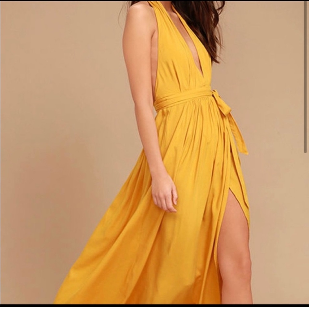 LULU’S Mustard Yellow Gold Halter Maxi Wrap Dress